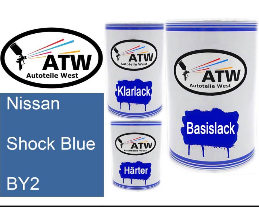 Nissan, Shock Blue, BY2: 500ml Lackdose + 500ml Klarlack + 250ml Härter - Set, von ATW Autoteile West.